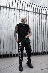 mens gothic pants with bats printed down the legs 