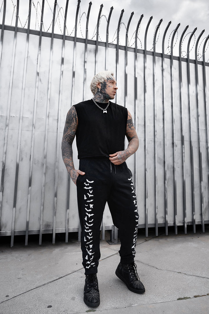 mens gothic pants with bats printed down the legs 