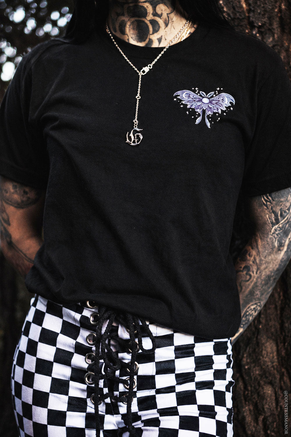 dark fairycore t-shirt with moth on the right corner