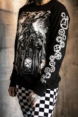 long sleeve shirt with gears printed on the sleeves
