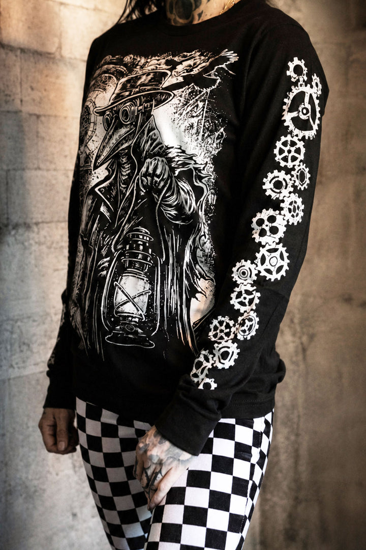 long sleeve shirt with gears printed on the sleeves