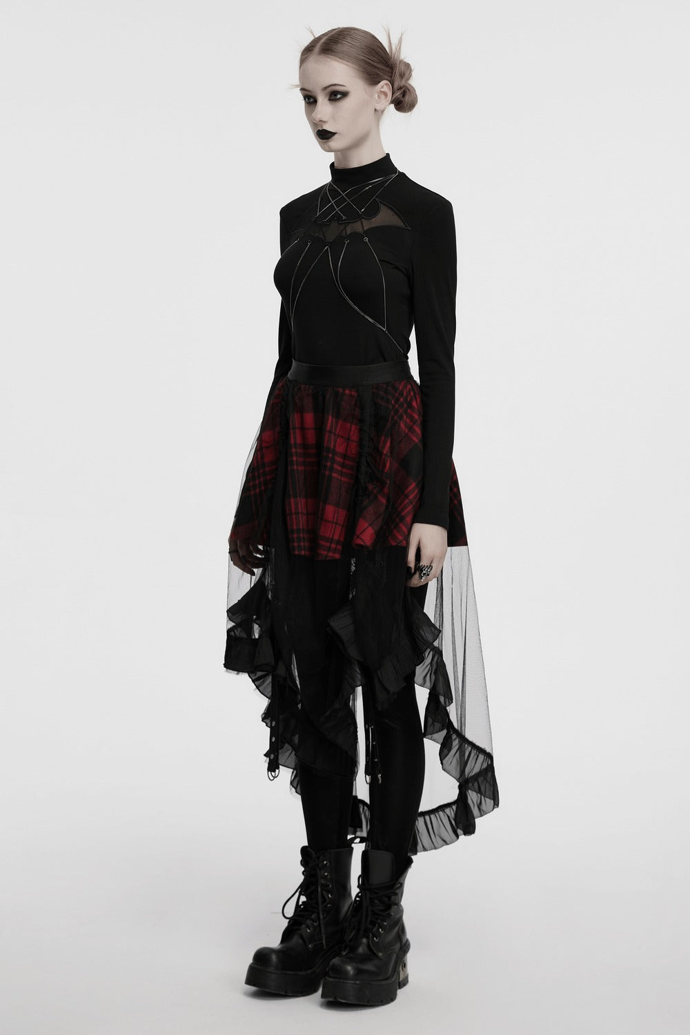 high low hem punk plaid skirt with adjustable straps