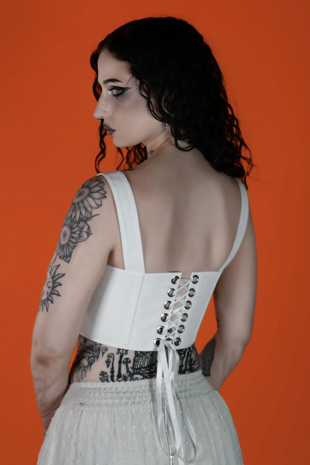 white lace up corset with adjustable ribbon straps