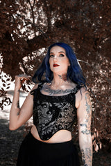 steampunk womens black corset with ribbon straps and lace trim