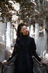 tie collar long black mesh puff sleeve duster