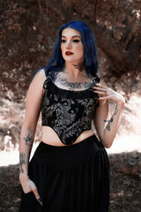 pointed hem flattering fit black corset with silver pattern