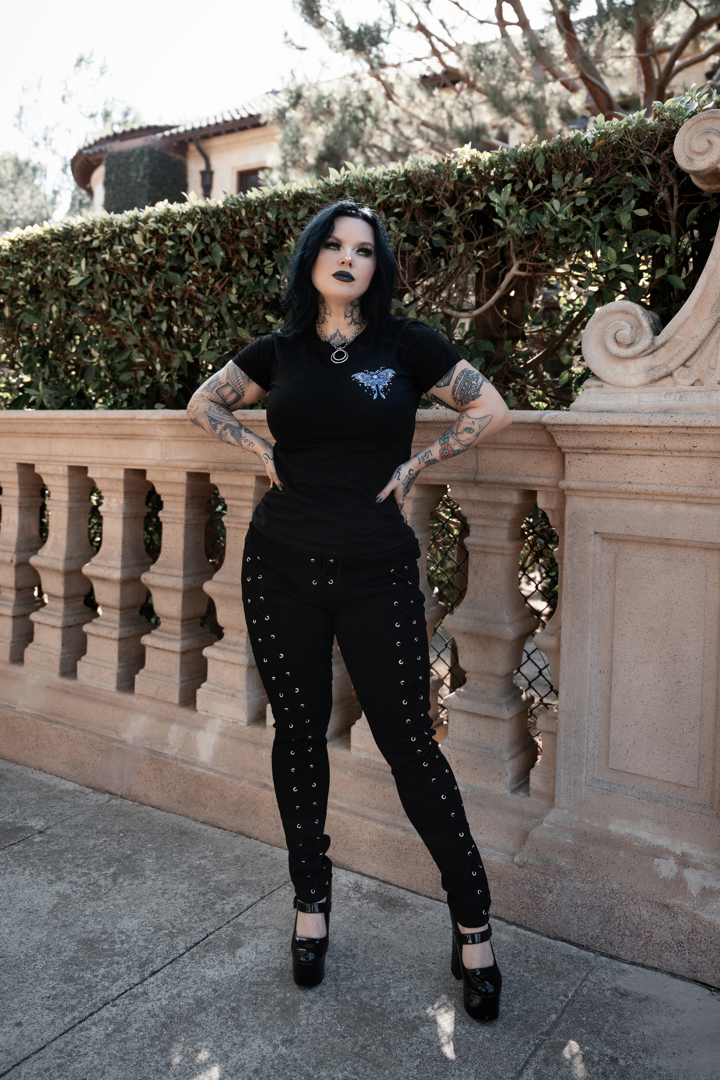 black punk lace up pants with corset inspired details for gothic fashion lovers and dark alternative streetwear