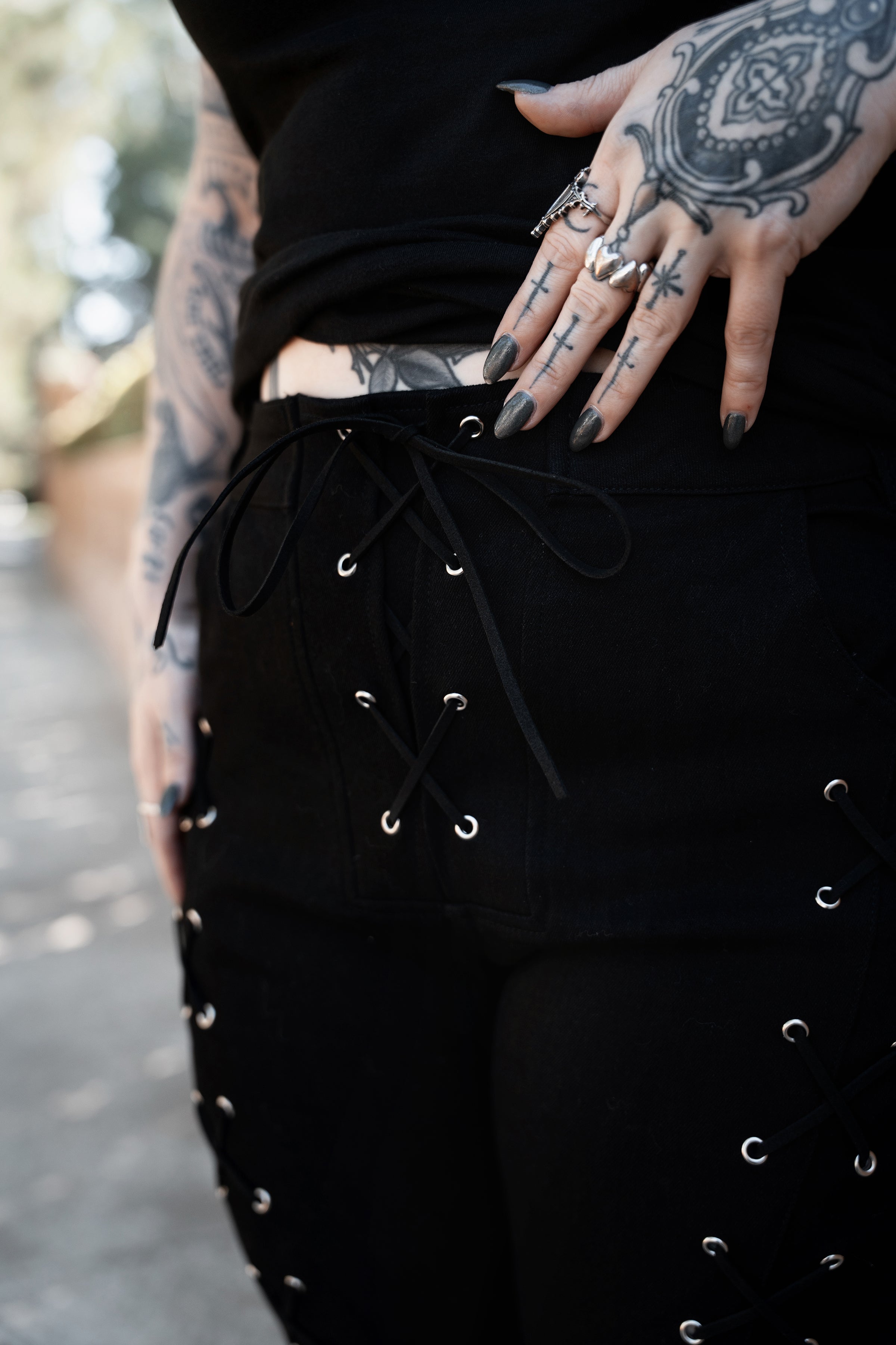 VampireFreaks Widow pants featuring lace up accents for witchy outfits romantic goth style and alternative fashion wardrobes