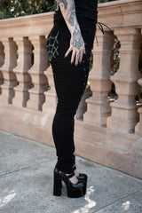 black gothic pants with lace up details for punk emo grunge and dark alternative fashion lovers