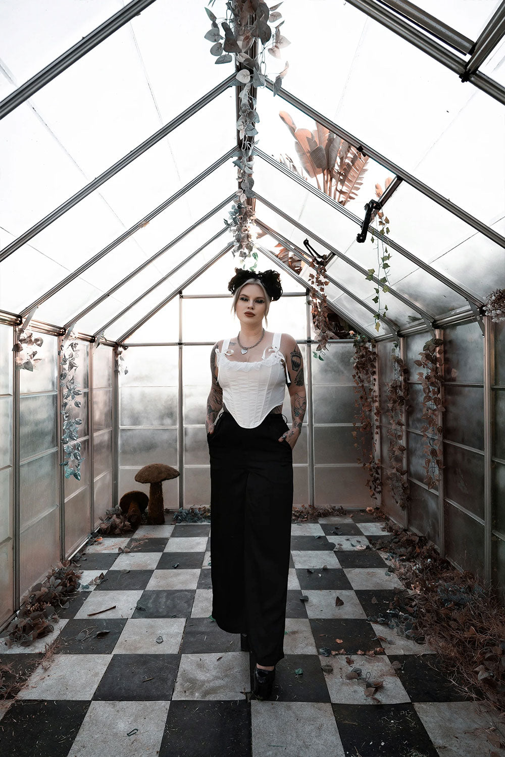 emo grunge asymmetrical hem corset top with adjustable ribbon straps