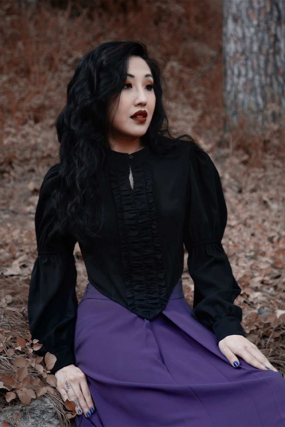pointed hem ruffle puff sleeve blouse for women in black