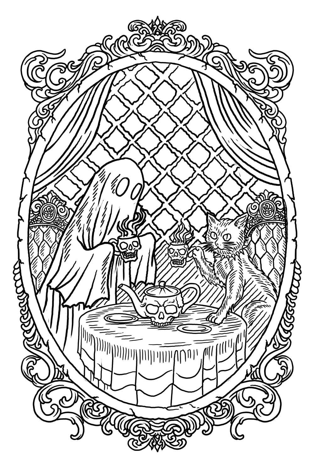 ghost and cat having a gothic tea party coloring book page