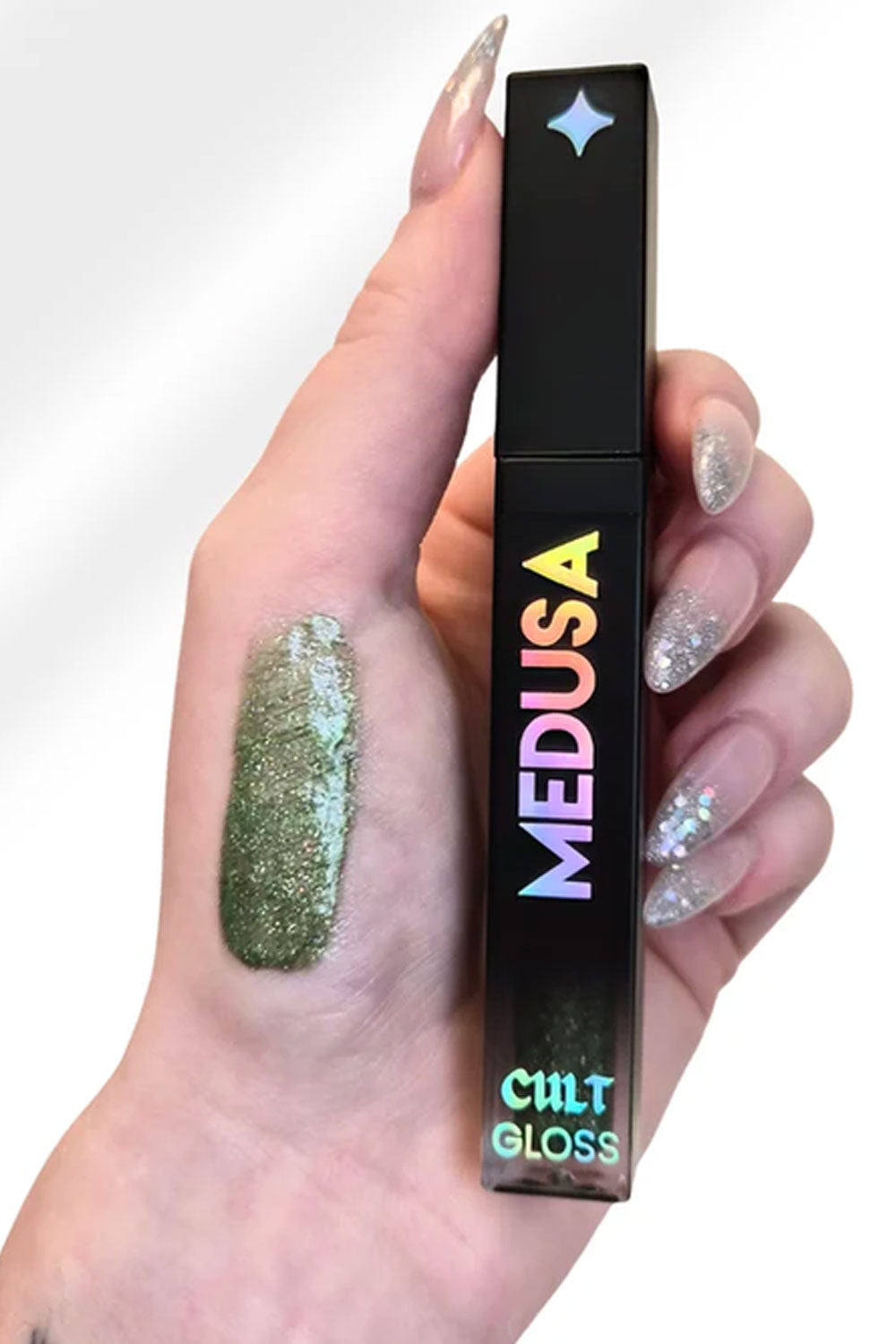 mossy green, high-shine sparkle lip gloss loaded with dazzling, multi-dimensional glitter