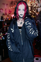 whimsical cat and bat graphic hoodie with bat sleeves