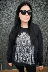gothic knight sweatshirt worn by a gothic woman