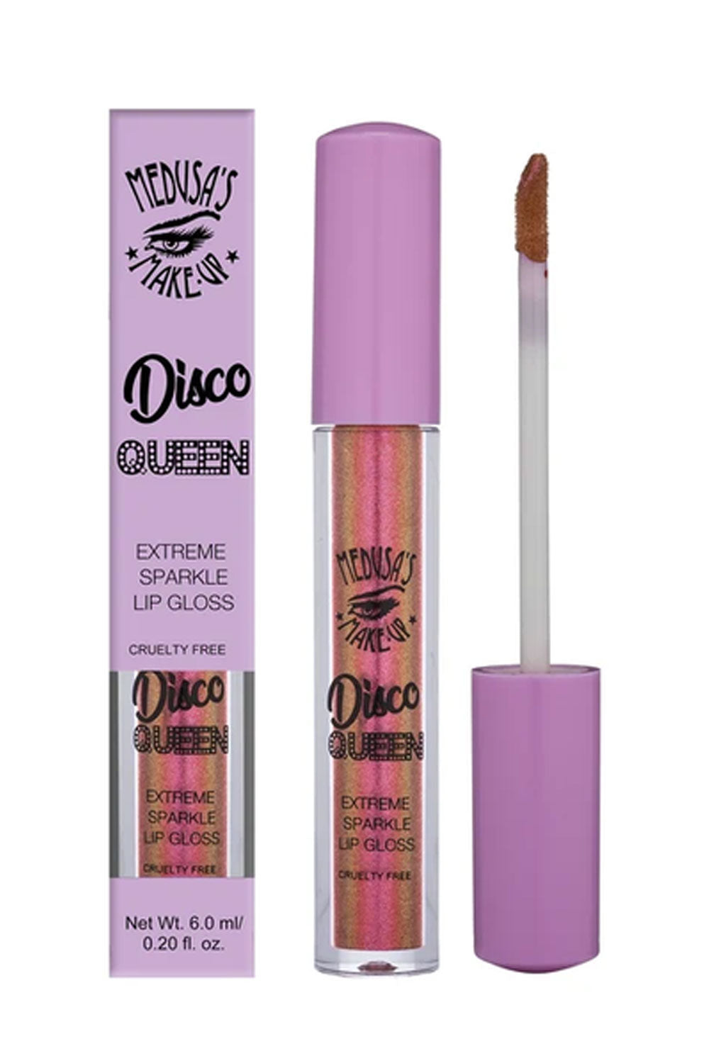 Coral pink with golden pearl disco queen lip gloss in roller girl from Medusa