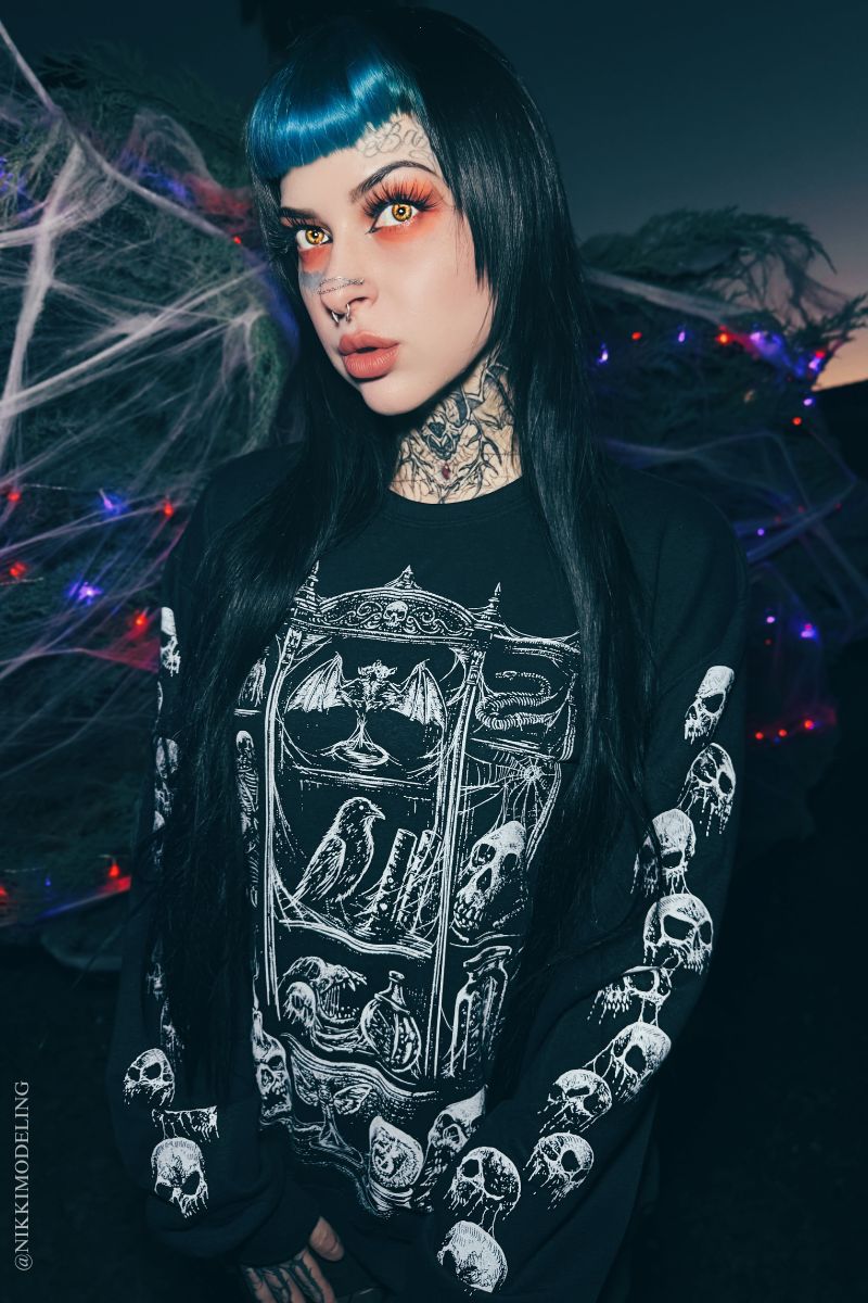 gothic oddity vintage bookcase sweatshirt with skull sleeves