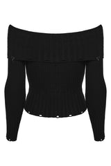 Punk Rave Women's Punk Raven Skull Embellished Off Shoulder Ribbed Sweater