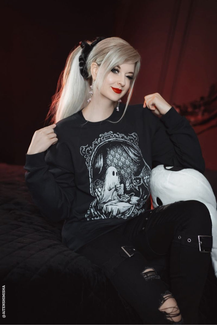 creepy cute ghost and black cat sweater 