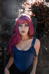 punk occult cute dark blue corset with lace and ribbon accents
