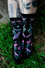 knitted witchy cottagecore moth and moon socks