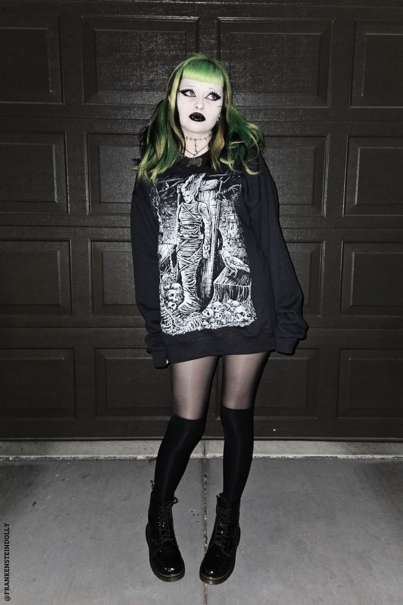 scene girl with green hair wearing a frankenstein monster bride oversized sweatshirt as a dress