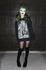 scene girl with green hair wearing a frankenstein monster bride oversized sweatshirt as a dress