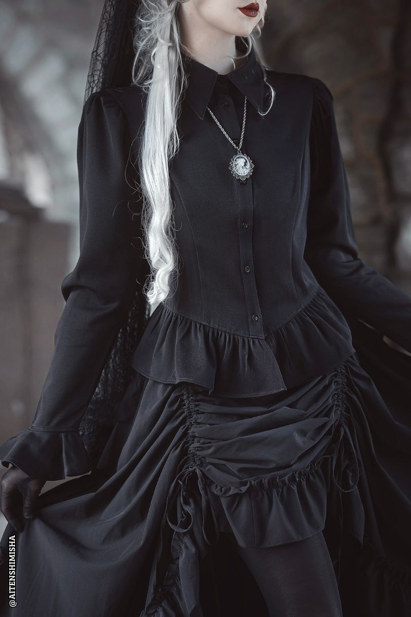 womens collared gothic peplum hem long sleeve romantic goth blouse  with puffed sleeves 