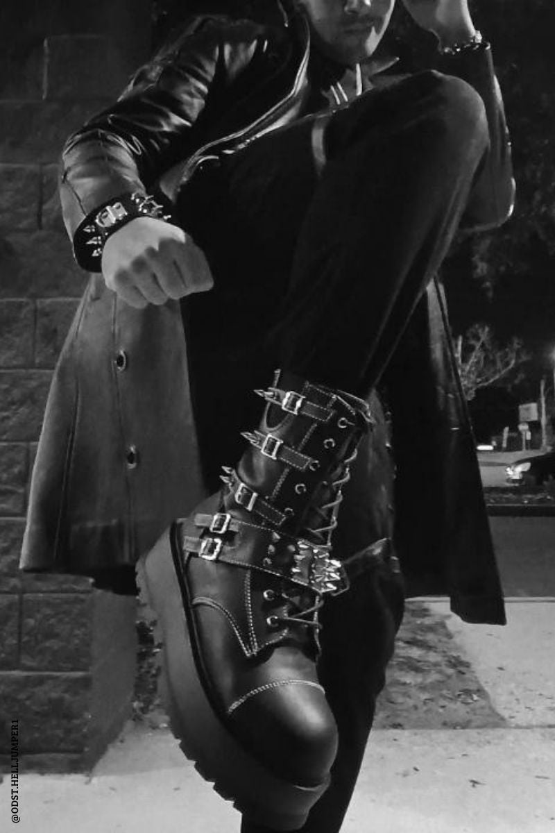 black vegan leather gothic spiked platform boots