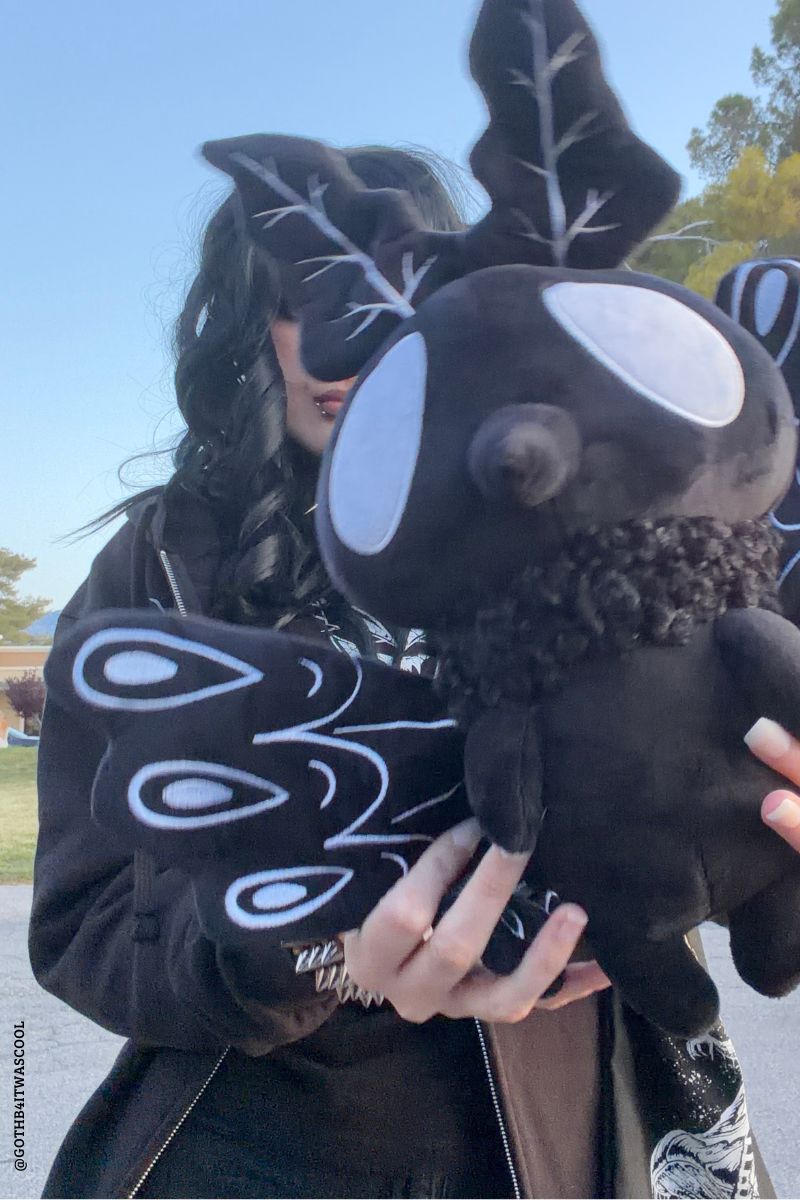 soft and spooky black andd white embroidered black creepy cute moth plush toy