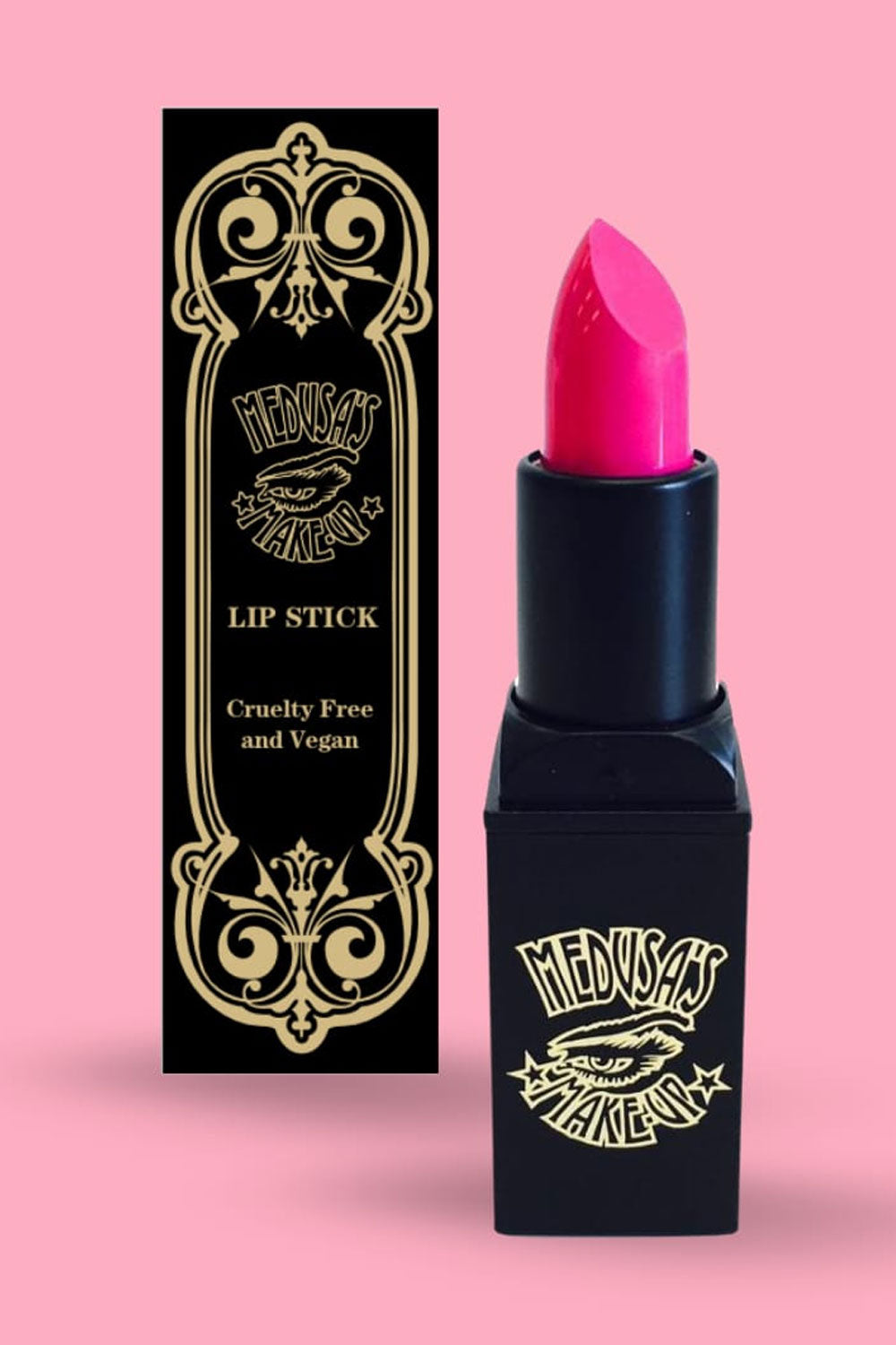 Rich and creamy full coverage hot pink lipstick from Medusa