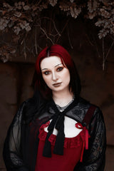 female model with red and black hair wearing Beyond the Veil Duster from Lively Ghosts