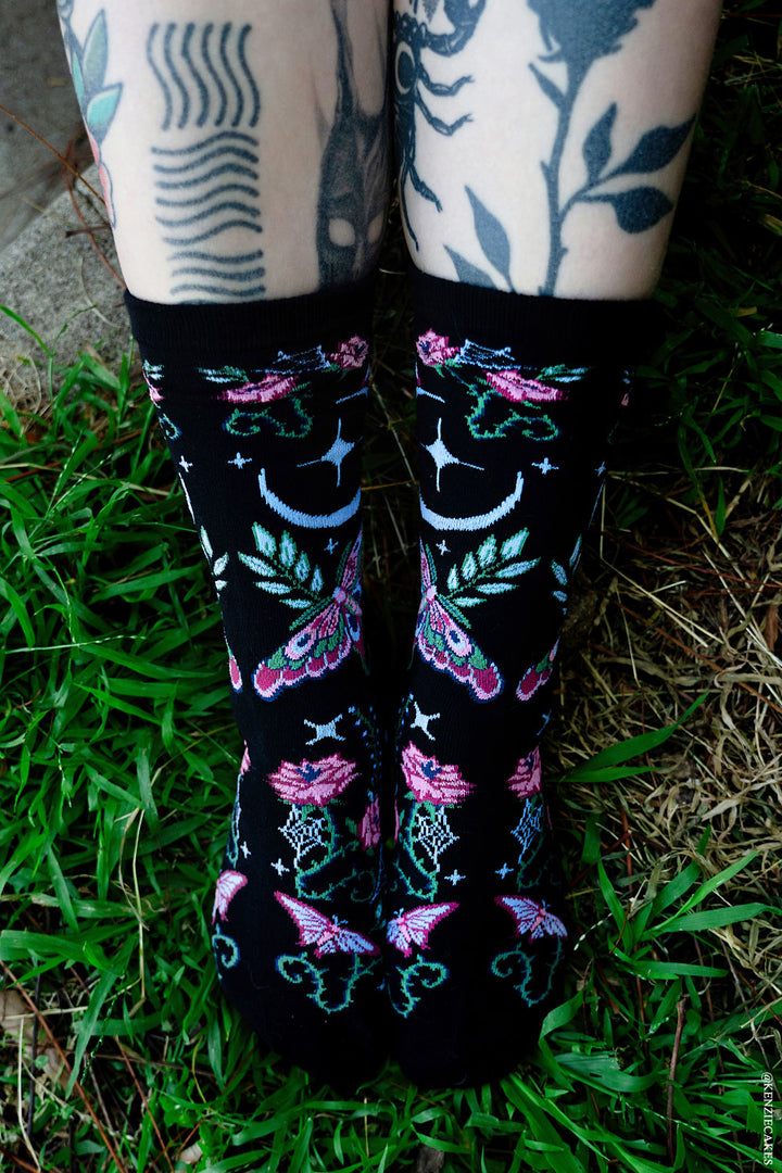 moth and moon socks