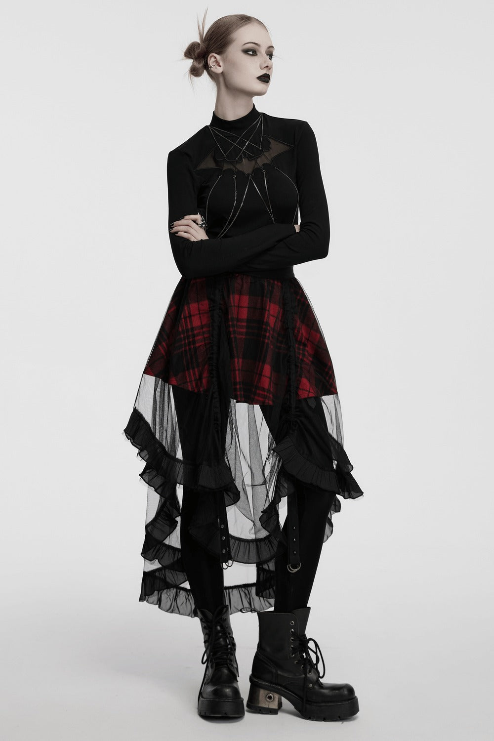 womens high-waisted high low hem punk plaid skirt by punk rave