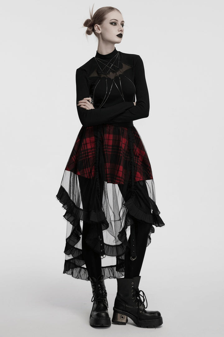 womens high-waisted high low hem punk plaid skirt by punk rave