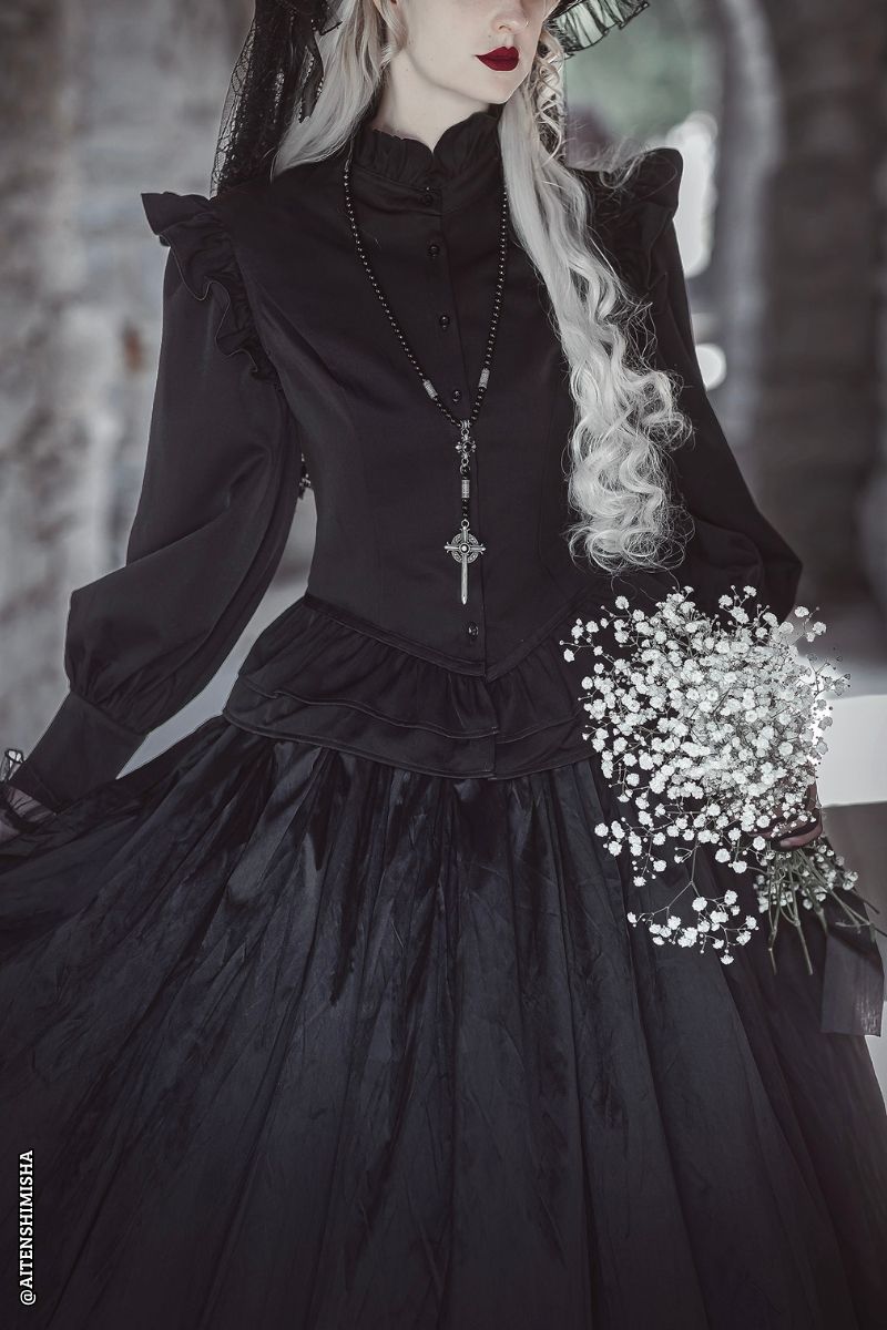 romantic womens chiffon victorian goth ruffle shoulder long sleeve button-down blouse