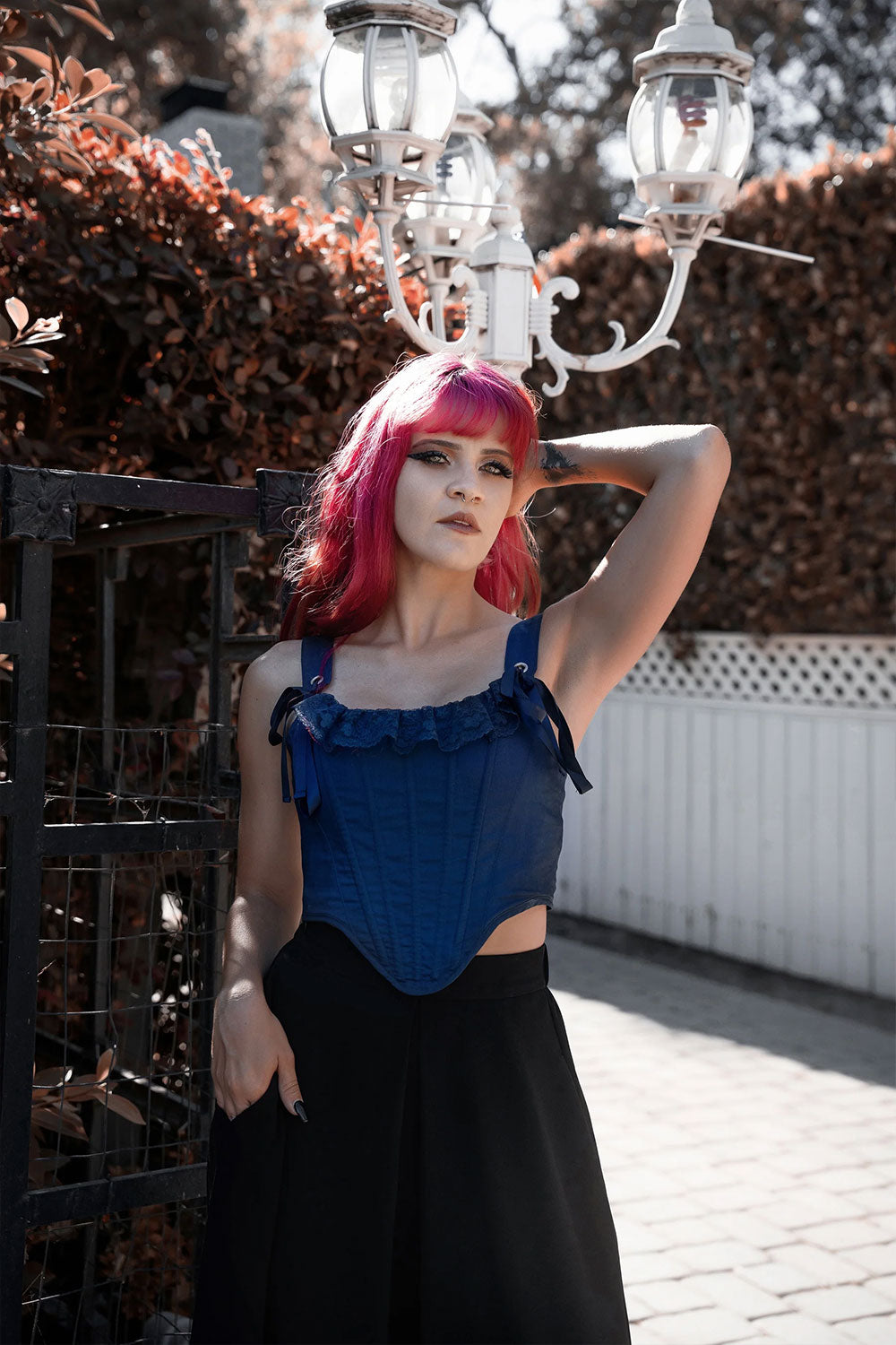 womens blue corset with lace tie straps