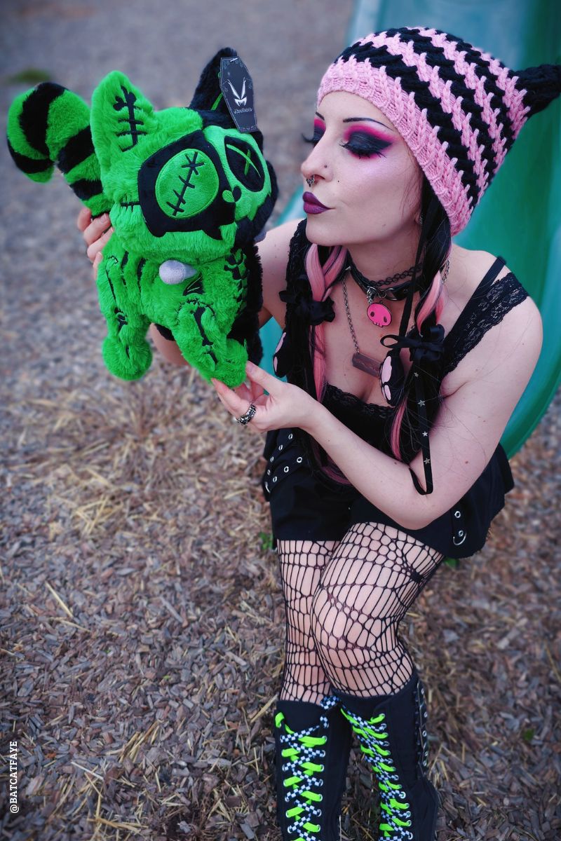 emo black and green stitched monster cat plush