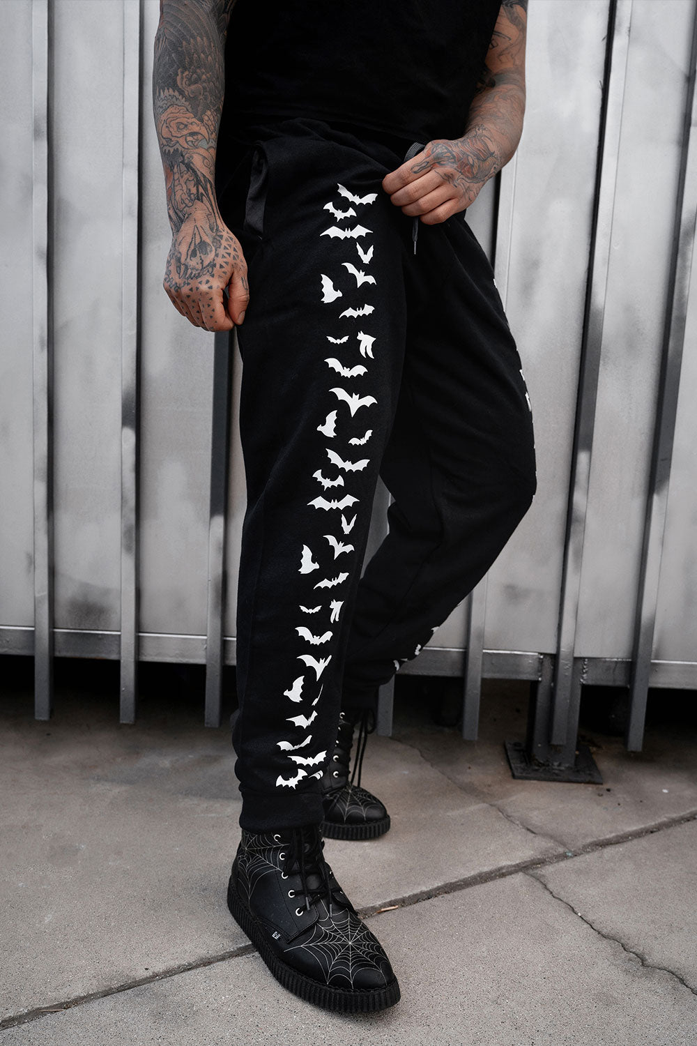 white bats printed on gothic pants for men and women 