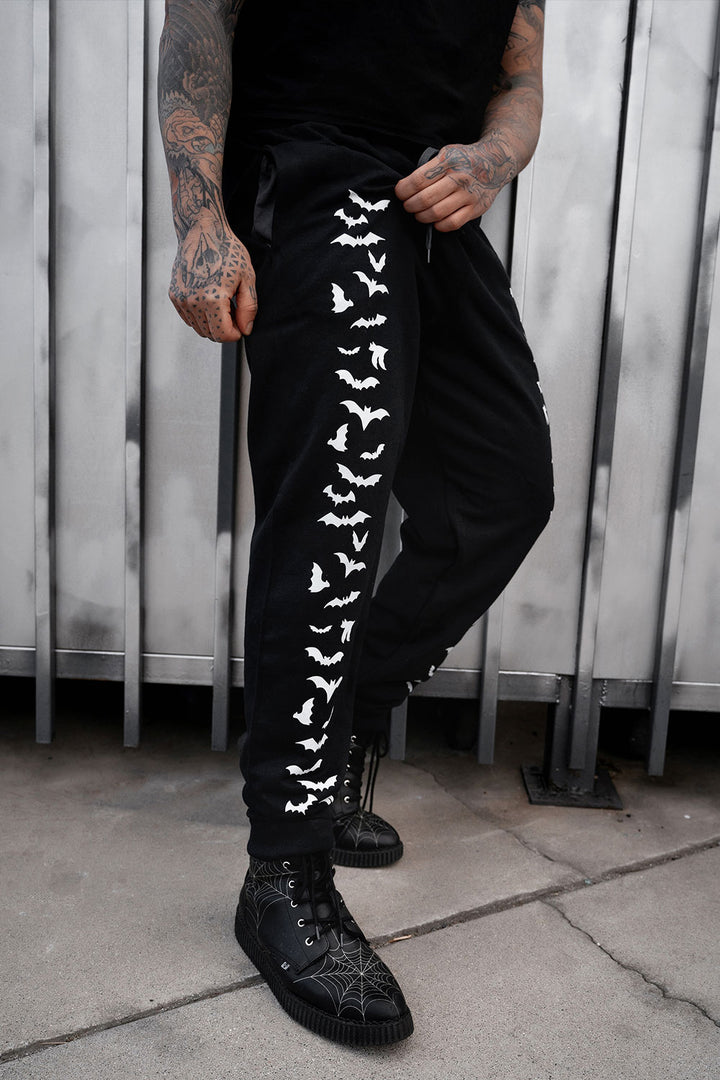 white bats printed on gothic pants for men and women 