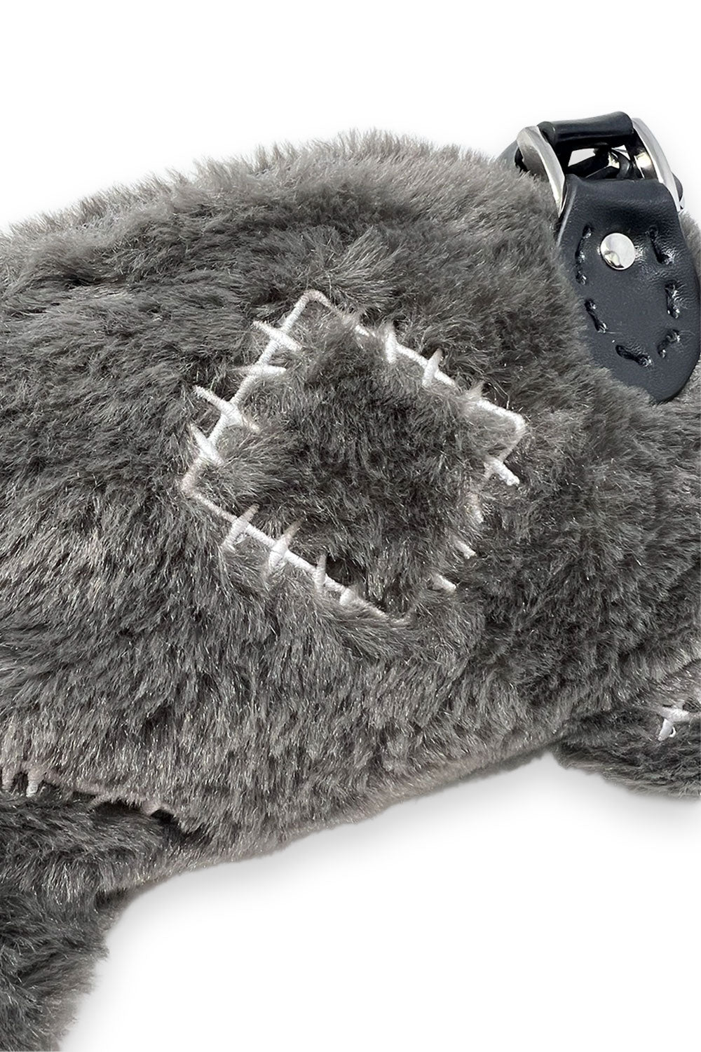 3d grey plushie rat purse with patches