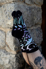 fantasy beautiful floral knitted socks featuring moons, moths, and flowers