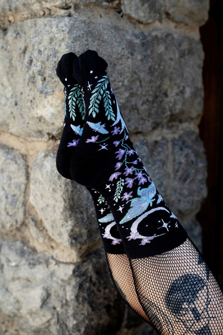 fantasy beautiful floral knitted socks featuring moons, moths, and flowers