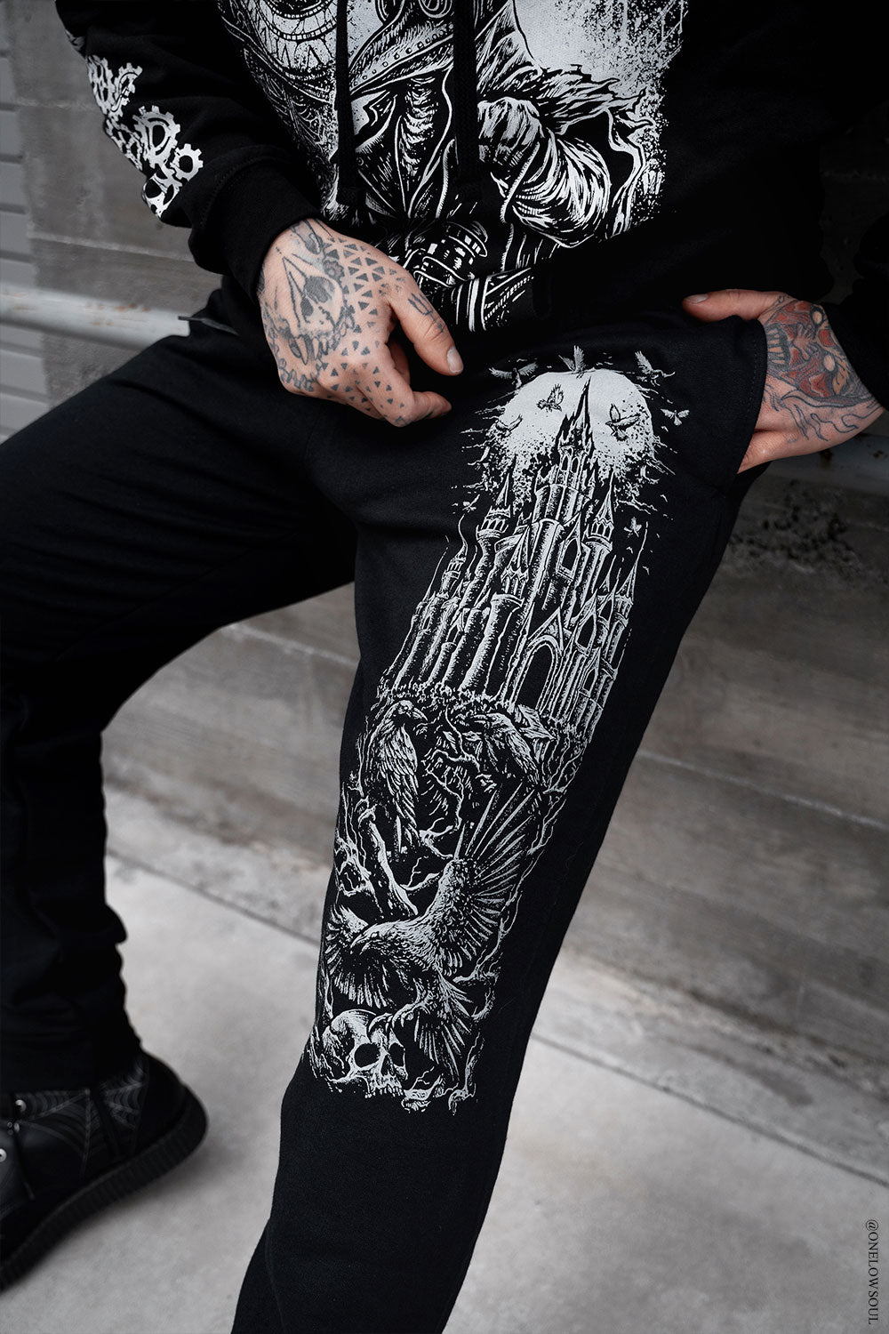 unisex sweatpants with gothic castle graphic 