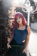 punk grunge dark blue lace corset with satin webbing connection