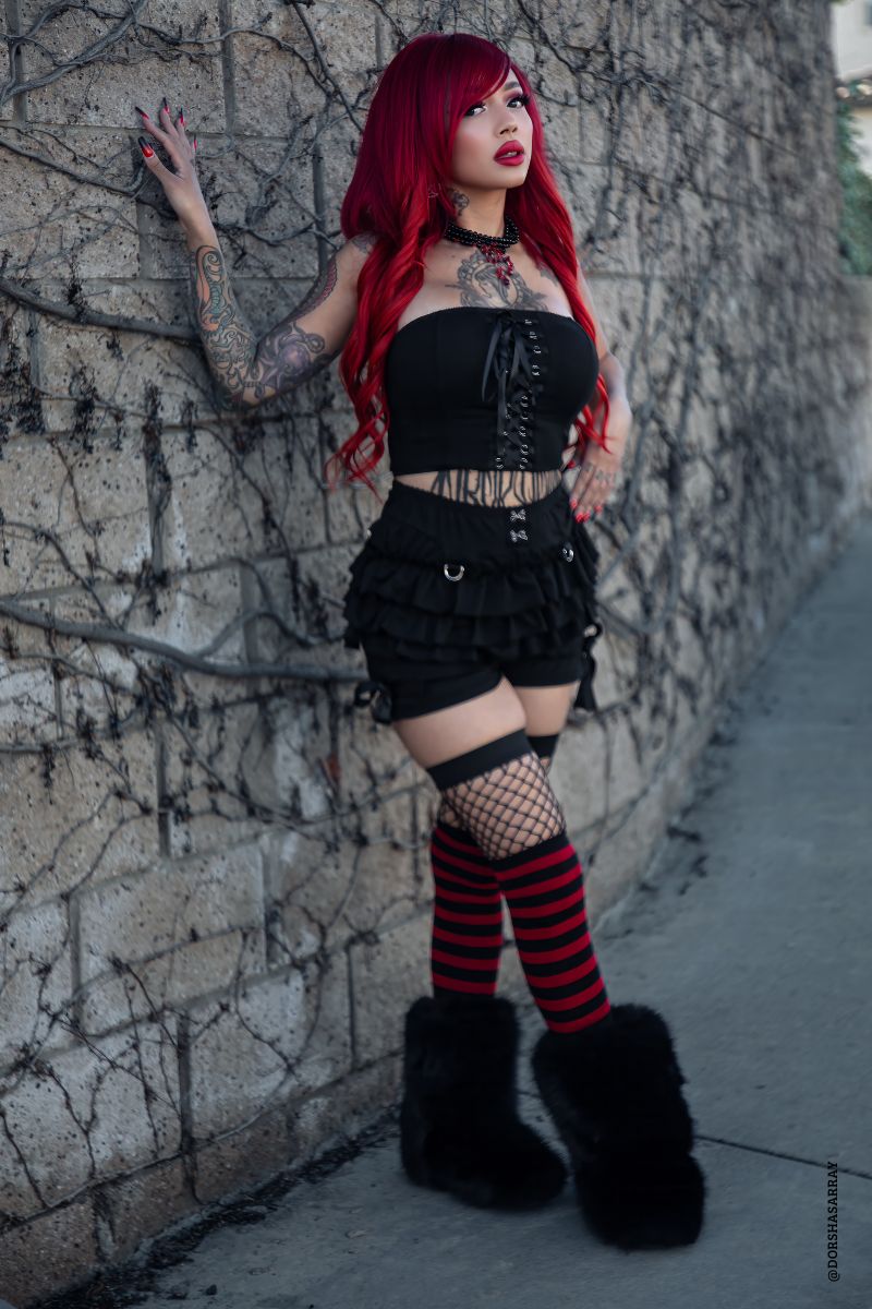 womens punk emo red and black striped thigh high socks stockings