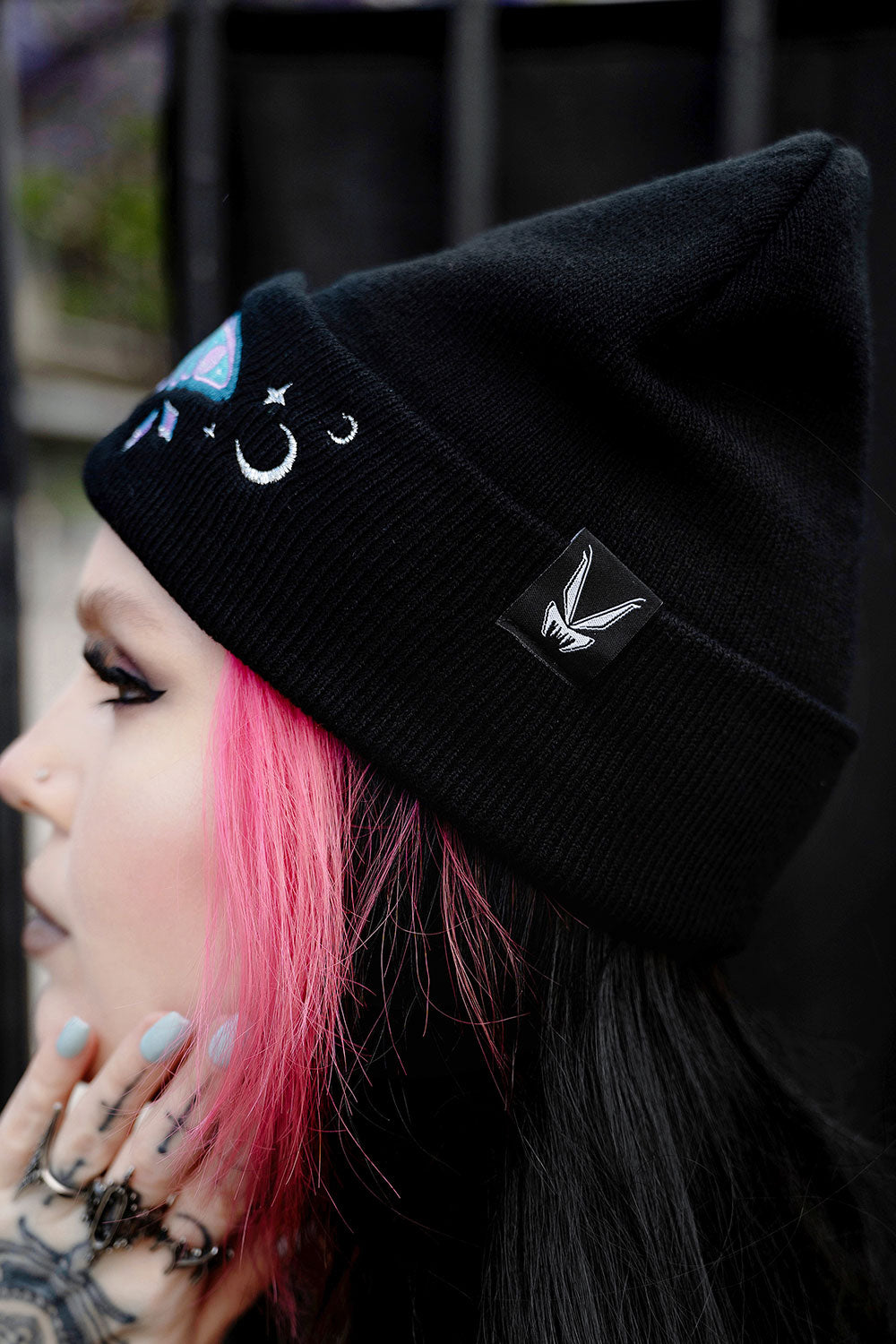 magical looking embroidered dark cottagecore pastel blue and purple dark fairy luna moth beanie with VF logo 