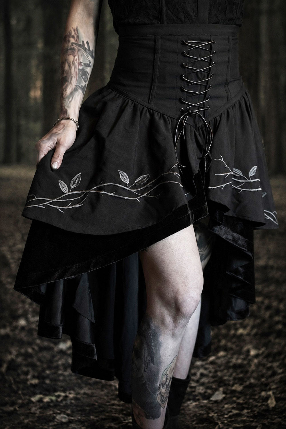 high low hem velvet skirt with embroidered roses