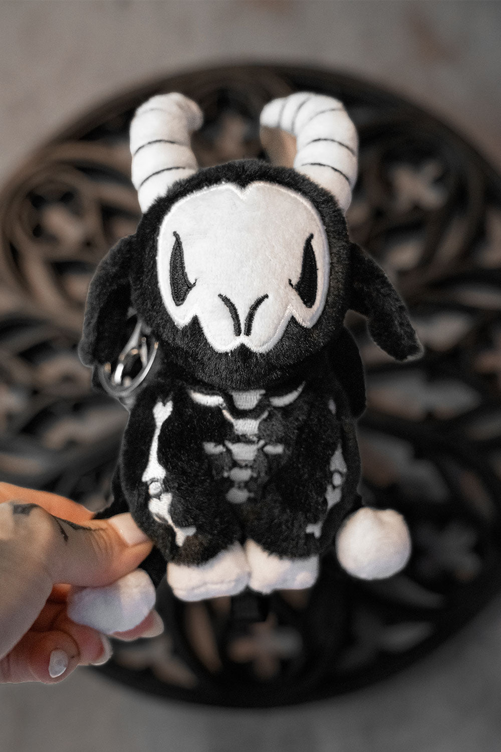 creepy cute skeleton goat plushie keychain