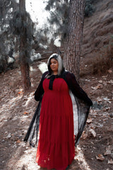 womens black duster with removable bow collar for layering